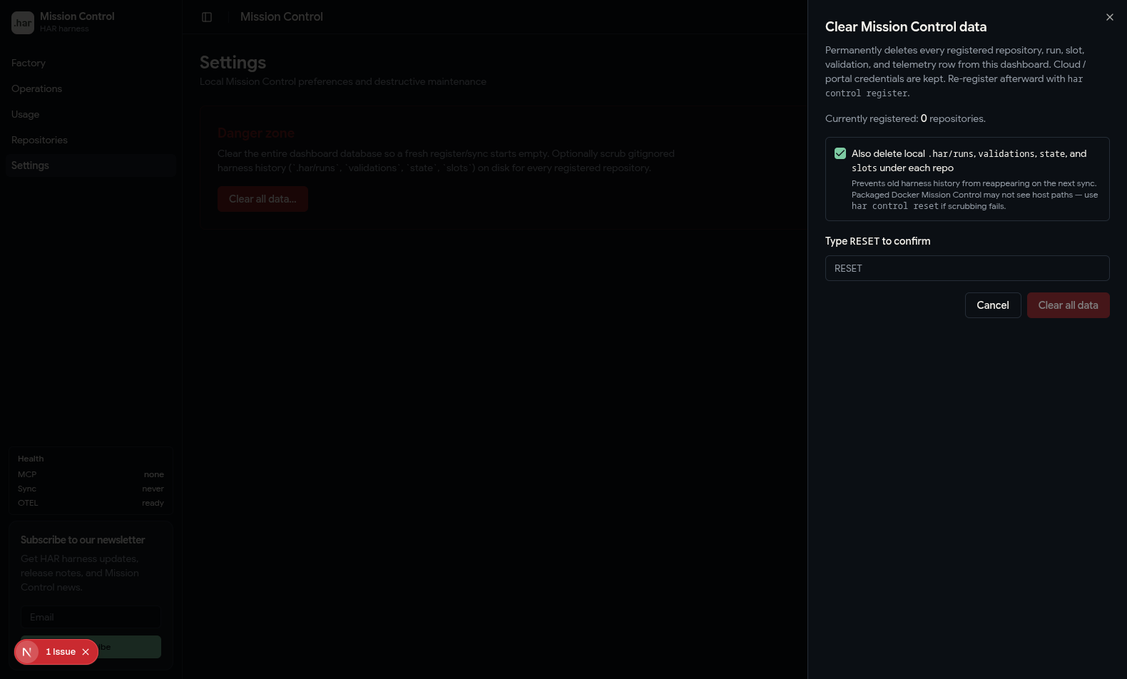 Mission Control Settings danger zone with clear-all confirmation sheet